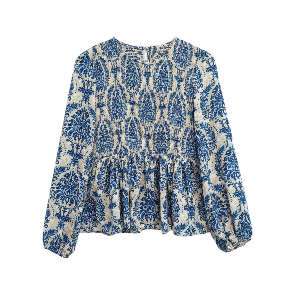 Smocked‎ Peplum Top Womens M Boho Damask Toile Print Peasant Babydoll Shirt Blue